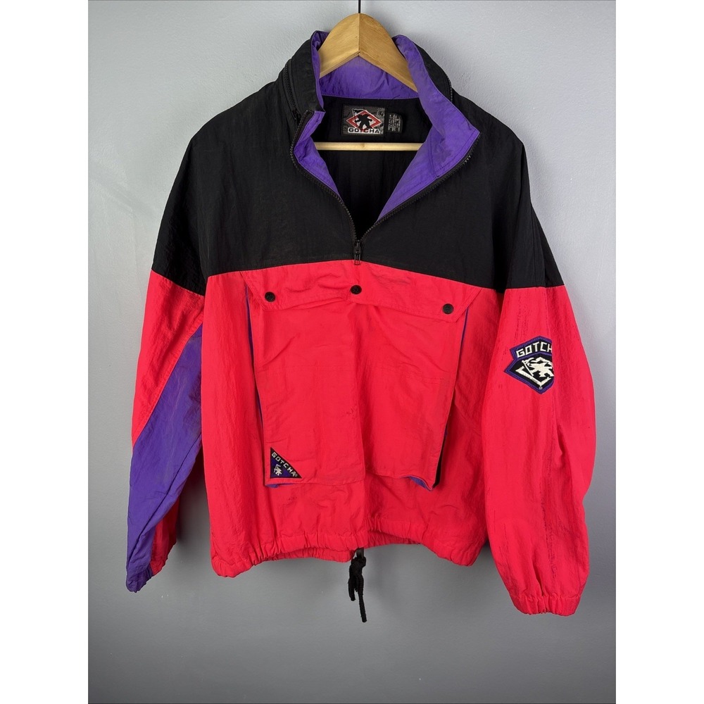 Vintage Gotcha 1/4 Zip Hot Pink 80s Size Small Color Black Skater Surf Beach
